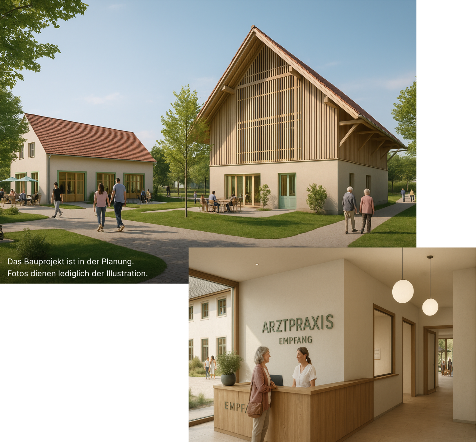 Praxisräume im Adler Quartier Ziegelbach Illustration der Praxisräumlichkeiten im Adler Quartier Ziegelbach in Bad Wurzach: Empfangsbereich in einer hellen, modernen Arztpraxis und Ärztehaus mit Giebeldach und Holzfassade im Grünen mit Passanten